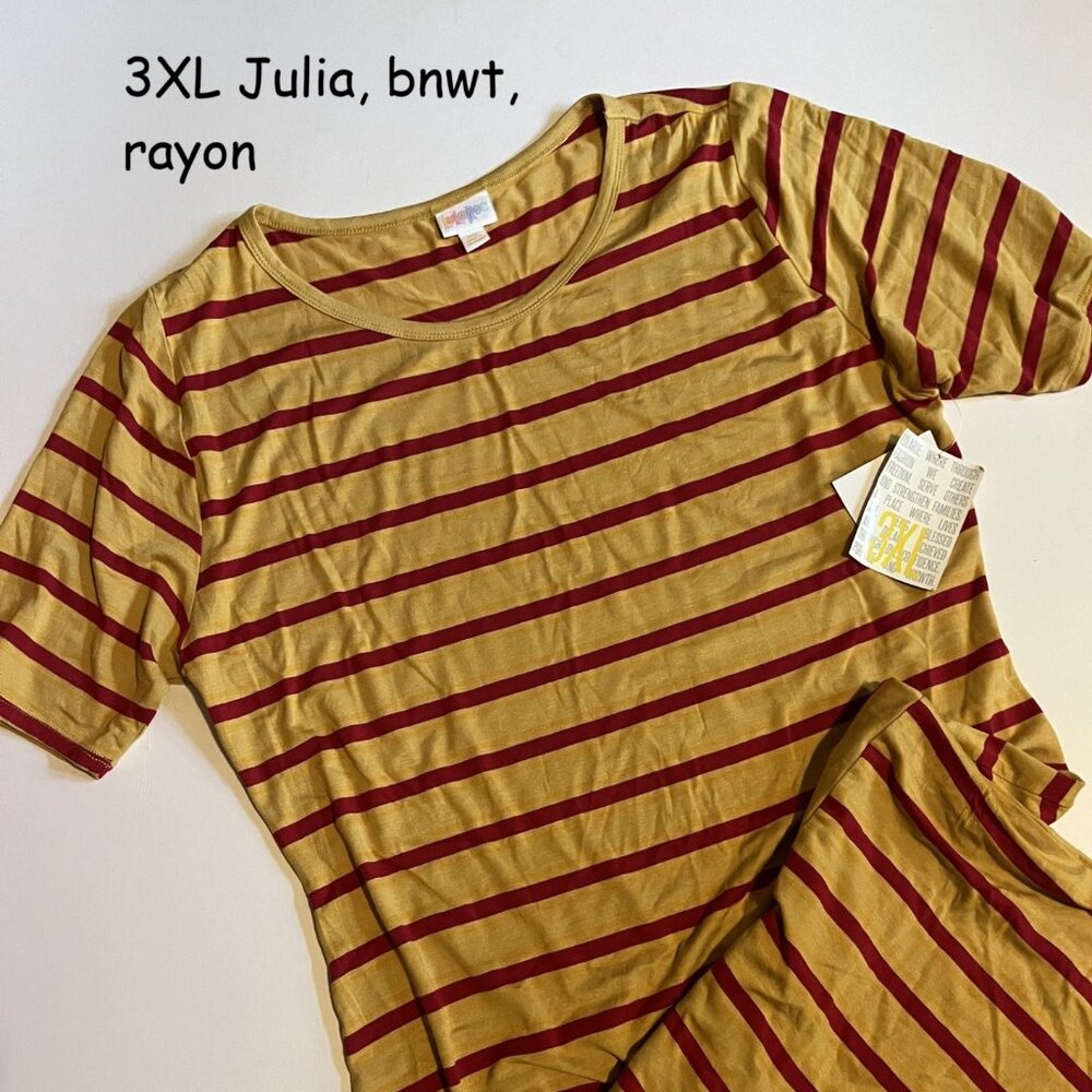 3XL Lularoe Julia sheath dress, gold with orange and red stripes, vertical hem